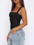 REORIA Womens Summer Sexy Sleeveless Square Neck Double Lined Going Out Cute Thong Bodysuit Tank Tops Black Medium