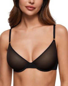 INLYRIC Women's Cosnufy Sheer Bra Unlined Plunge Underwired Mesh Demi See Through Sexy Bras Black 34E