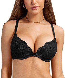 DOBREVA Women's Push Up Lace Bra Sexy Plunge Padded Underwire Support Bras Lift Up Black 32A
