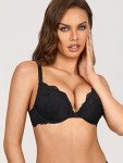 DOBREVA Women's Push Up Lace Bra Sexy Plunge Padded Underwire Support Bras Lift Up Black 32A