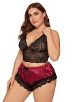 SOLY HUX Women's Plus Size Lingerie Set Spaghetti Strap Lace Trim Bralette and Shorts Sleepwear Pajama Set Black & Red 4XL