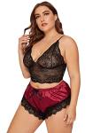 SOLY HUX Women's Plus Size Lingerie Set Spaghetti Strap Lace Trim Bralette and Shorts Sleepwear Pajama Set Black & Red 4XL