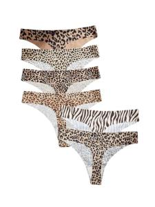 BEAUDRM Women's 6 Pack Seamless Thongs Sexy Leopard Print Panties G-String Cheeky Underwear Low Rise Cheetah Print Thongs Brown Medium