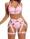 Avidlove Sexy Lingerie Set for Women Underwire Push Up Bra Lingerie Strappy Corset Lingerie with Garter and Chain(Pink,M)