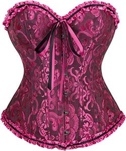 ADELCE Women's Lace Up Corset Boned Floral Overbust Shapewear Lingerie Bustier Bodyshaper Top Black Pink S