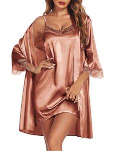 Ekouaer Sleepwear Women's Satin Nightgown with Robes Set 2 Piece Sexy Lace Cami Nightwear Brown L