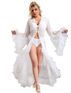 ohyeah Tulle Robe Lingerie White Lace Sheer Robe for Women Fancy Ruffle Sexy Robes Long Bridal Lingerie Boudoir Outfits for Photoshoot