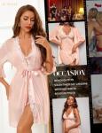 LUSLOVE Women Sexy Lingerie Set 3 Piece Babydoll & Lace Kimono Robe Strap Chemise Mesh Sleepwear Pastel Pink L