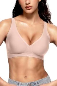 Vertvie Womens Wireless Seamless Bras Deep V No Underwire Push Up Bras Supportive Full Coverage Bralettes Plunge T Shirt Bra(Skin Color,X-Large)