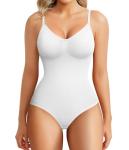 BRABIC Bodysuit Shapewear for Women Tummy Control Panties Seamless Sleeveless Tops V-Neck Camisole Jumpsuit(White Brief, X-Large/XX-Large)