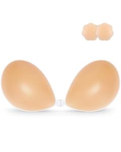 Niidor Adhesive Silicone Reusable Bra for Women, Push-up Strapless Backless Invisible Sticky Bra with Breast Pasties Cover for Strapless Dress Creme