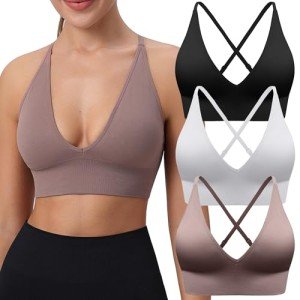 Evercute Women's Sports Bras Adjustable Deep V Neck Bras Wireless Spaghetti Strap Criss Cross Padded Seamless Low Support Sexy Everyday Bras