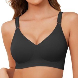 TOMEEK Bras for Women Non Wired Support Full Coverage Push up V Neck Seamless Wireless Bra Ladies Comfort Everyday Bras Zero Feel Bralettes with Pads(Light Black,M)