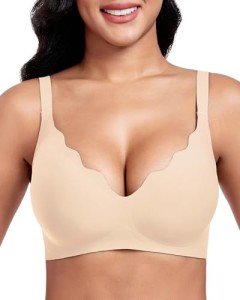 Vinfact Women's Bras Plunge V Floral Non Wired Bra Wireless Push up Bra Padded Comfort Everyday BraBeige XXL