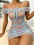 Floral Print Ruched Mesh Babydoll & Thong Set