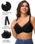 Svmer Women‘s Lace Bra Plus Size Comfortable Ladies Support Underwire Push Up Bra All Black 38DD