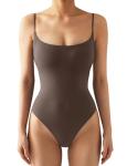 Sexy Square Neck Backless Thong Bodysuit - Brown