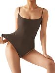 Sexy Square Neck Backless Thong Bodysuit - Brown