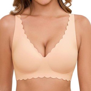 heekpek Women's Bras Comfort Non Wired Support Seamless V Neck Soft Bra Everyday Tshirt Bra Petal Shaped Edge Push Up Wireless Bralettes, Skin, L