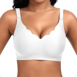 Cavotor Non Wired Support Bras for Women Wireless Push Up Bra Large Breasts Ladies Soft T Shirt Seamless Bra Padded V Neck Bralettes with Extender (White,2XL)