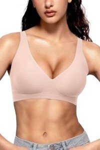Vertvie Bras for Women Non Wired Deep V Seamless Wireless Push Up Bra Comfort Plunge T Shirt Soft Support Full Coverage Everyday Bralettes(Jacquard Nude,Large)