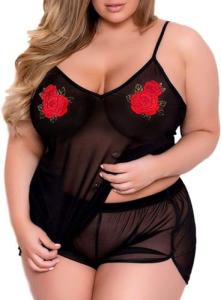 Plus Size Rose Cami Set – Sheer Black Sleepwear