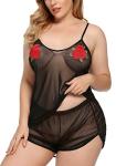 Plus Size Rose Cami Set – Sheer Black Sleepwear