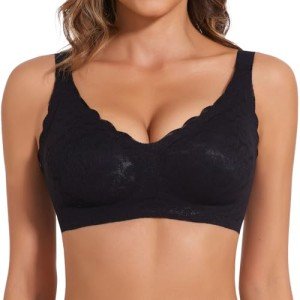 Joyshaper Wireless Bras for Women Non-Wired Lace V Bra Push Up Support Bralettes Ladies Comfort Plus Size Padded Everyday Bra Black,L