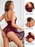 Avidlove Burgundy Lace Babydoll Sleepwear Nightgown