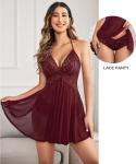 Avidlove Burgundy Lace Babydoll Sleepwear Nightgown