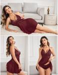 Avidlove Burgundy Lace Babydoll Sleepwear Nightgown