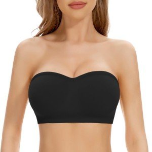 Cavotor Strapless Push Up Bra for Women Bandeau Bra Padded Stay Up Non-Slip Silicone Supportive Strapless Bras for Bigger Bust Non Wired Comfort Bralette (Black,2XL)