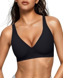 OEAK Womens Deep V Bras Non Wired Comfortable Bras Support Push Up Bralettes Low Cut No Underwire Bras Wireless Plunge Bra Seamless Tshirts Bras(Black,M)