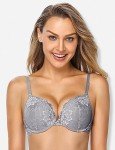 Wingslove Women's Push Up Bra Lace Comfort Padded Bra Add 1 Cup Brassiere Plunge Underwire Bra Lift Up Bras (Grey, 38C)