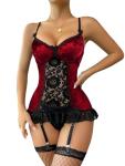 Lilosy Red Lace Garter Belt and Teddy Set