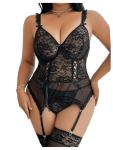 Plus Size Black Lace Mesh Lingerie Set