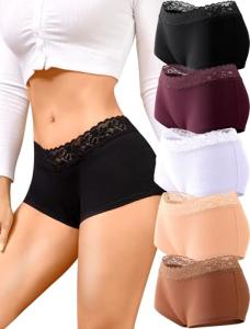 FINETOO Cotton Lace Boy Shorts for Women 5-Pack