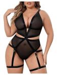 Plus Size Sheer Mesh Deep V Teddy Lingerie