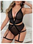 Plus Size Sheer Mesh Deep V Teddy Lingerie