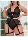 Plus Size Sheer Mesh Deep V Teddy Lingerie