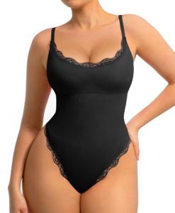 Lace Shapewear Bodysuit with Tummy Control - Black