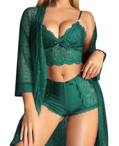 Sexy 3-Piece Lace Lingerie Set with Kimono Robe