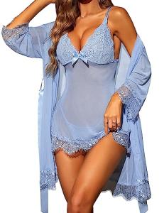 Light Blue Lace Babydoll & Kimono 3-Piece Set