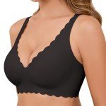 Vancavoo Seamless Wireless Push Up Bra for Women Non Wired Women's Bras Adjustable Soft V Neck Brassiere with Bra Extender,Light Black,L