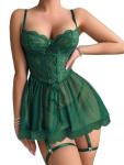 Lilosy Dark Green Lace Garter Belt Babydoll Set