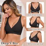 Vancavoo Seamless Wireless Push Up Bra for Women Non Wired Women's Bras Adjustable Soft V Neck Brassiere with Bra Extender,Light Black,L