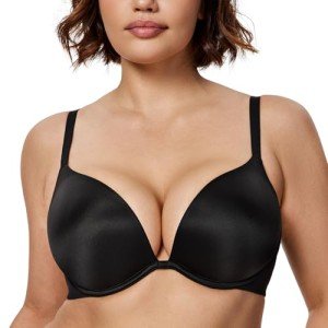Wingslove Women's Push up T-Shirt Bra Deep-V Plunge Everyday Seamless Underwire Lightly Padded Bras Lift Up (Lightly Lined Black,42DD
