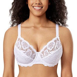 Delimira Women's Full Coverage Non-Foam Floral Lace Plus Size Underwired Bra White 38E