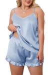 Blue Plus Size Satin Pajamas Set for Women