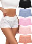 ALL OF SHE Lace Boy Shorts Sexy Cheeky Panties Breathable Womens Underwear Stretch Cotton Waistband Underwear Women 5 Pack